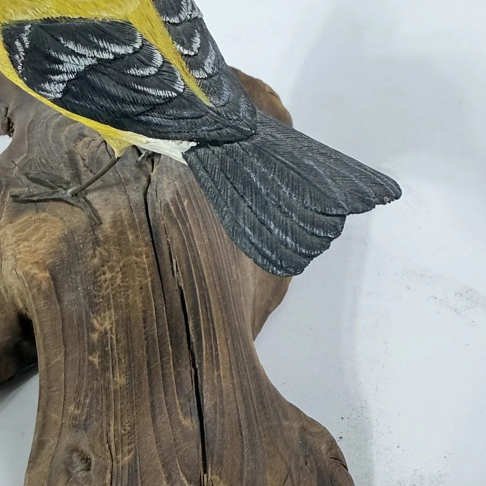 Vintage Hand Carved Wood Gold Finch Bird Figurine Driftwood Branch Signed
